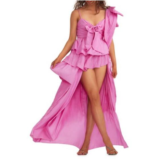 $795 LoveShackFancy Pink Raylene Tiered Pleated Bow High Low Maxi Dress 6 - Picture 2 of 16